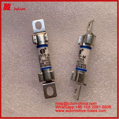 Ηλεκτρική ενέργεια 10*38mm σωληνωτή ασφάλεια EV315-M 3E 15A 500VDC για ηλεκτρικά οχήματα Η εγκατάσταση μπουλτού πληροί τα πρότυπα JASO D622