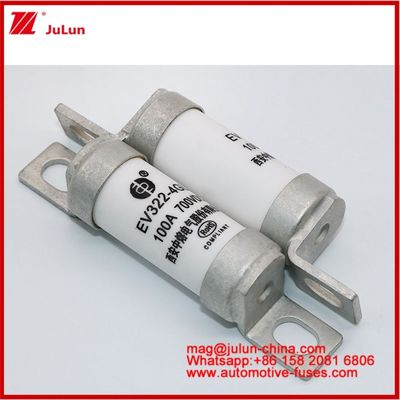 EV322 4GL 100A DC700V EV ή HEV Ηλεκτρικό οχήμα Συμπίεστο μέγεθος Με υψηλό ονομαστικό ρεύμα Σιδερωμένη δομή Τυβώδης κεραμική ασφάλεια