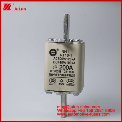 NH1 RT16-1 200A AC500V 120KA DC 440V 100KA Αυτοκινητοβιομηχανία Κεραμικά αυτοσυσσωρευτές Βέλος για EV / HEV οχήματα μικρού μεγέθους Μεγάλο ονομαστικό ρεύμα προστασία από βραχυκύκλωμα