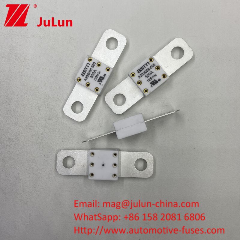 Σύντομη προστασία κυκλώματος 500A 125VDC Battey Fuse Μικρό μέγεθος Υψηλό ρεύμα Απόσταση ονομαστικού ρεύματος μεταξύ 2 οπών 50,8mm