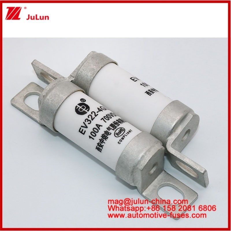 EV322 4GL 100A DC700V EV ή HEV Ηλεκτρικό οχήμα Συμπίεστο μέγεθος Με υψηλό ονομαστικό ρεύμα Σιδερωμένη δομή Τυβώδης κεραμική ασφάλεια